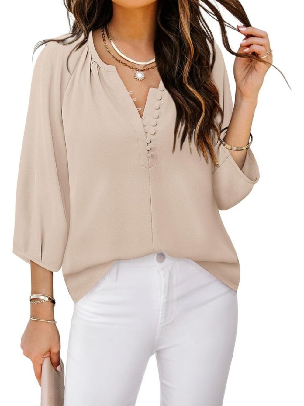 Chic Women's V-Neck 3/4 Sleeve Blouses | Dressy Casual Boho Button Down Tops